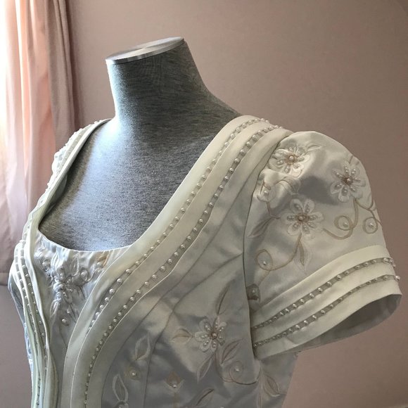 Bridal Originals Embroidered Satin Short Sleeve Wedding Gown with Train - Picture 10 of 14